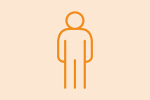 Einfache orangefarbene Strichfigur einer Person auf hellbeigem Hintergrund.