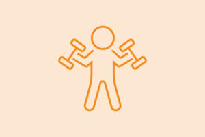 Orangefarbene Silhouette einer Person mit vier Armen, die jeweils eine Hantel hält, vor einem hellbeigen Hintergrund; veranschaulicht Multitasking oder Sport.