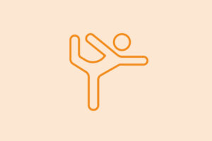 Eine orangefarbene Umrisszeichnung einer vereinfachten menschlichen Figur, die auf einem Bein balanciert, wobei Arme und ein Bein ausgestreckt sind, was an eine Yoga- oder Tanzpose erinnert, vor einem hellbeigen Hintergrund.