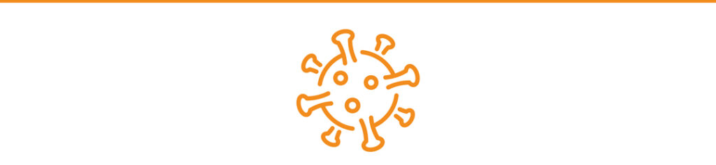 Ein orangefarbener Umriss eines Virus- oder Keimsymbols, zentriert auf einem weißen Hintergrund, mit einer orangefarbenen Linie am oberen Rand.