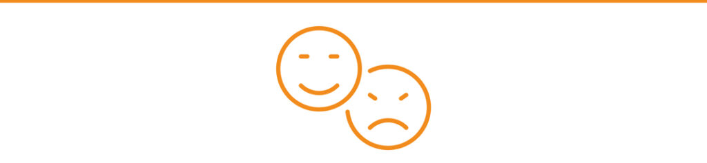 Zwei orange umrandete Gesichter: eines lächelt mit entspannten Augen, das andere runzelt die Stirn und hat wütend zusammengezogene, schräg stehende Augenbrauen. Die Gesichter überlappen sich leicht auf einem weißen Hintergrund, auf dem oben eine orangefarbene Linie zu sehen ist.
