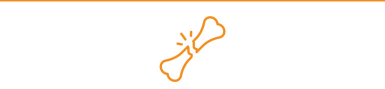 Orangefarbene Umrisse eines gebrochenen Knochens mit einem gezackten Riss in der Mitte und Linien, die den Aufprall andeuten, zentriert auf weißem Hintergrund mit einer orangefarbenen Linie am oberen Rand.
