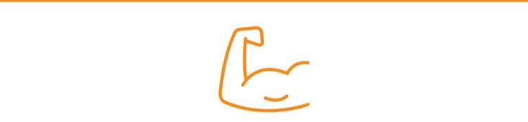 Einfache orangefarbene Strichzeichnung eines angespannten, muskulösen Arms mit ausgeprägtem Bizeps, zentriert auf weißem Hintergrund, mit einer dünnen orangefarbenen Linie am oberen Rand.