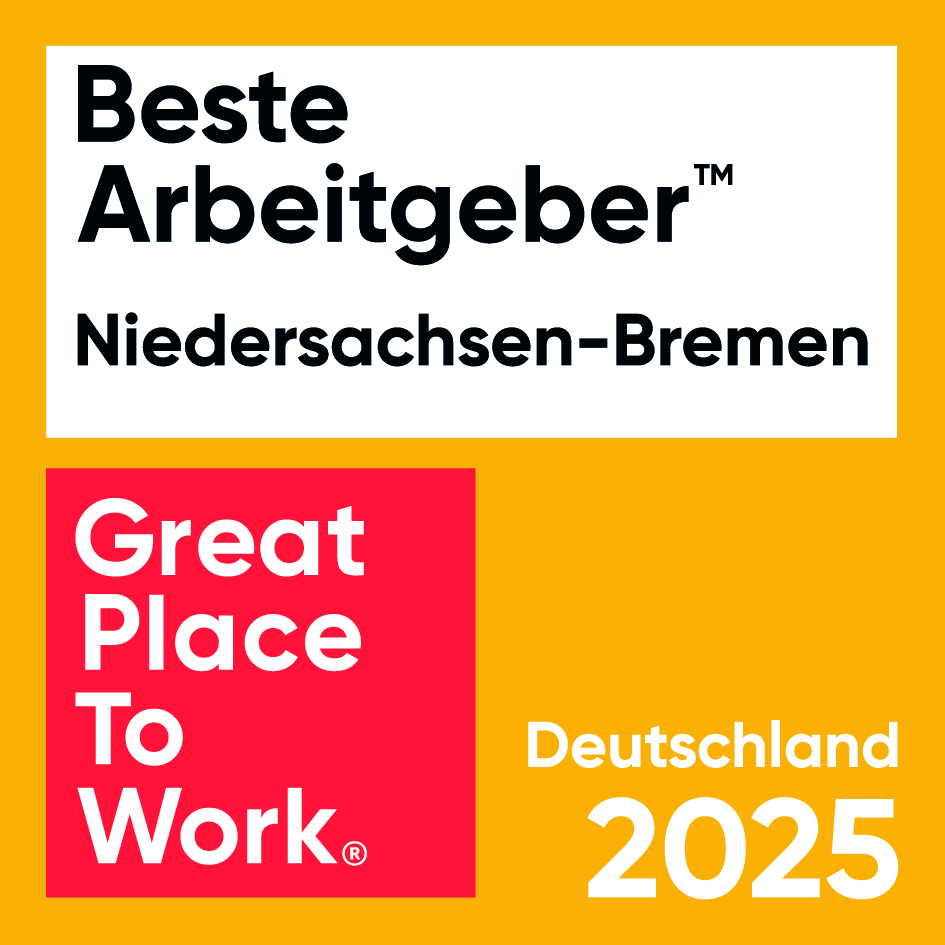 Logo mit Text: Beste Arbeitgeber Niedersachsen-Bremen. Great Place to Work. Deutschland 2025.