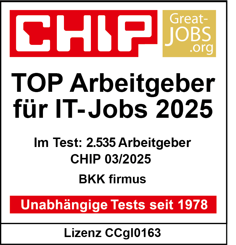 Auszeichnungsplakette: CHIP TOP Arbeitgeber für IT-Jobs 2025 mit Test-Info und roter Fahne für unabhängige Tests seit 1978.