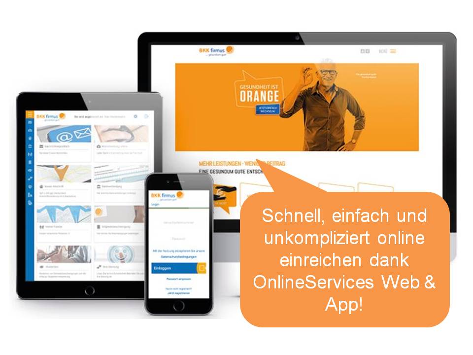 Drei Geräte zeigen eine Krankenversicherungs-Website an; eine Sprechblase wirbt für einfache Online-Dienste in deutscher Sprache.