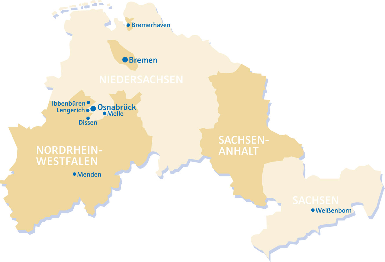 Die Karte zeigt Teile Deutschlands mit beschrifteten Städten in Niedersachsen, Nordrhein-Westfalen, Sachsen-Anhalt und Sachsen.