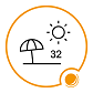 Symbol einer Sonne, eines Regenschirms und der Zahl 32, die auf einen sonnigen Tag mit einer Temperatur von 32 Grad hinweist.