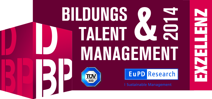 Logo Deutscher Bildungspreis 2014 Kastanienbraunes und rosafarbenes Banner mit der Aufschrift "Bildung Talent & Management 2014 Exzellenz" und Zertifizierungslogos.