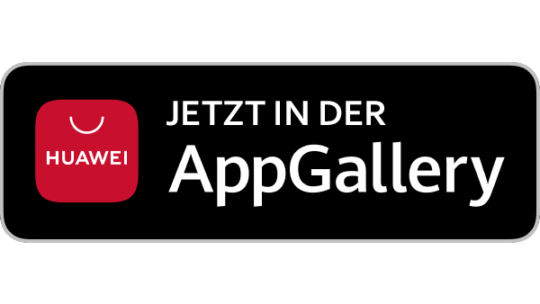 Huawei AppGallery Logo mit dem Text JETZT IN DER AppGallery auf schwarzem Hintergrund.