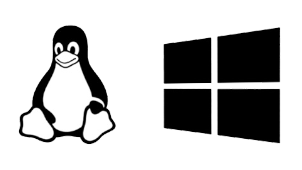 Linux-Pinguin-Maskottchen neben einem schwarzen Windows-Logo auf weißem Hintergrund.