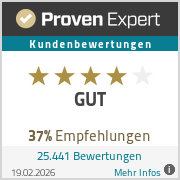 Auszeichnung für Proven Expert im Kundenbewertungs-Ranking 2025, Kundebewertung: sehr gut, Anzahl Bewertungen: 20.419 im Vergleich zahlreicher Plattformen